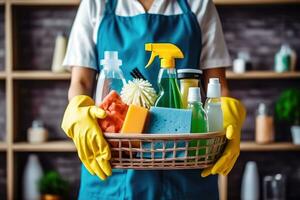 Maid with Basket of Cleaning Products - Generative AI photo