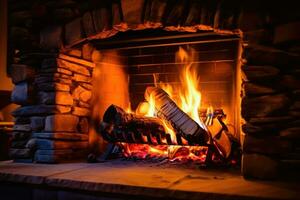 Crackling Fireplace Flames - Generative AI photo