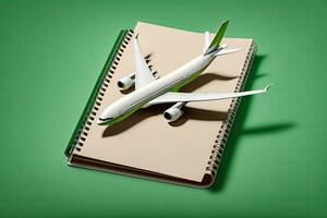 vuelo calendario concepto - pasajero avión modelo en cuaderno - generativo ai foto
