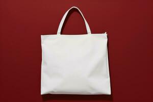 Mock-up of a white fabric grocery bag on a burgundy background. AI-Generated photo