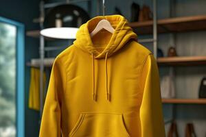 Yellow sweatshirt with hood and pocket hanging on a hanger. AI generated photo