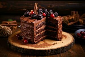 Chocolate layered cake with berries. AI-Generated photo