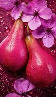 Two red pears painted in metallic pink with white flowers. AI generated photo