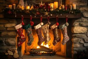 Christmas gift socks hanging on the fireplace with fire. AI generated photo