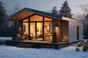 un pequeño acogedor casa con grande ventanas en invierno en el nieve, un abandonado lugar. generado por ai foto