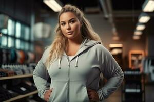 A fat girl is standing in a sportswear store. AI-Generated photo