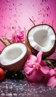 Fresh juicy coconut halves, palm leaves and flowers painted in metallic pink with water droplets. AI generated photo