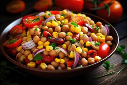 Salad of canned beans, corn, tomatoes, peppers and onions. AI-Generated photo