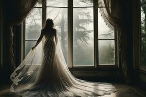 A bride in a wedding dress and with a veil is standing near a large window. AI generated photo