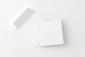 Square Folded Invitation Card With Envelope White Blank 3D Rendering Mockup photo