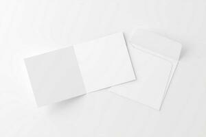 Square Folded Invitation Card With Envelope White Blank 3D Rendering Mockup photo