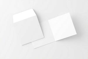 Square Folded Invitation Card With Envelope White Blank 3D Rendering Mockup photo