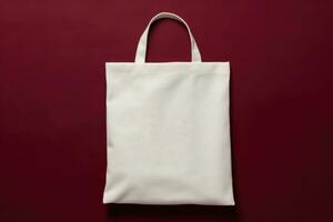 Mock-up of a white fabric bag with handles on a burgundy background. AI-Generated photo