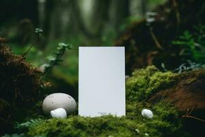 A white card, a postcard stands in the forest with mushrooms. AI Generated photo