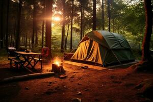 Camping with tents in the forest. AI generated photo