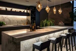 A bar counter in a modern home kitchen interior with granite countertops. AI Generated photo