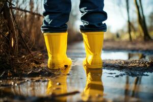 Feet in rubber boots walk through a puddle in rainy weather. AI Generated photo