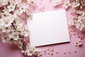 A white postcard with a flower branch lies on a pink background, a place for text. AI generated photo