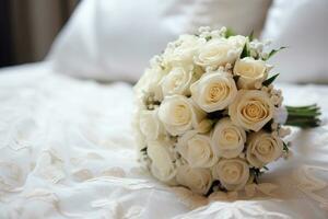 A wedding bouquet of roses is lying on the bed. AI generated photo