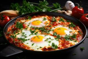 Shakshuka with tomatoes in a frying pan photo