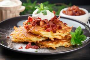 Potato pancakes draniki with bacon and sour cream. AI generated photo