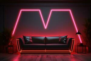 Leather sofa indoors with red neon lighting. AI-Generated photo