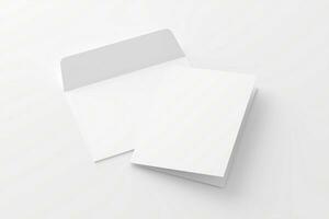 A4 A5 Folded Invitation Card With Envelope 3D Rendering White Blank Mockup photo