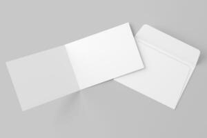 A4 A5 A6 Landscape Folded Invitation Card With Envelope 3D Rendering White Blank Mockup photo