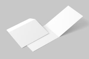 A4 A5 A6 Landscape Folded Invitation Card With Envelope 3D Rendering White Blank Mockup photo