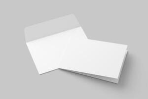 A4 A5 A6 Landscape Folded Invitation Card With Envelope 3D Rendering White Blank Mockup photo