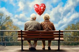 Forever Together - Elderly Couple with Red Balloons in the Park - Generative AI photo