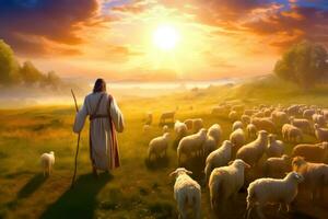 Biblical Depiction of Jesus as the Caring Shepherd - Generative AI photo