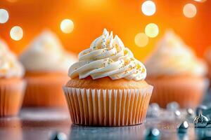 Tangy Citrus Infusion - Cupcake with Cream on Blurred Festive Bokeh - Generative AI photo