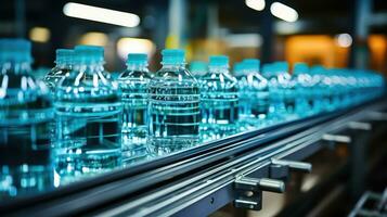 Production Conveyor Belt with Bottles of Clear Drinking Water - Generative AI photo