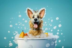 Joyful Puppy Surrounded by Bubbles - Generative AI photo