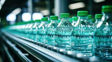 Bottled Clear Drinking Water on Manufacturing Conveyor - Generative AI photo