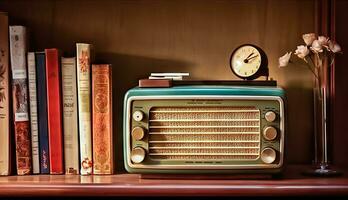 nostálgico radio en estante para libros decoración - generativo ai foto