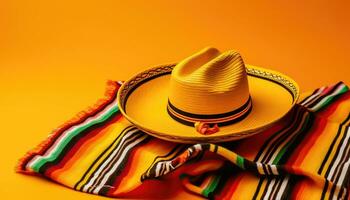 mexicano tradicion en atención - sombrero sombrero y poncho en amarillo antecedentes - generativo ai foto