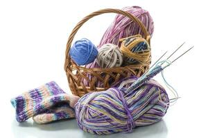 Colored threads, knitting needles and other items for hand knitting photo