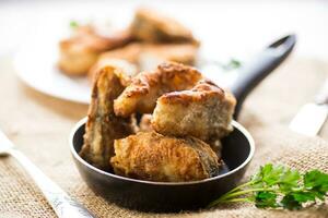 A piece of hake fish fried in a crispy crust, in a plate. photo