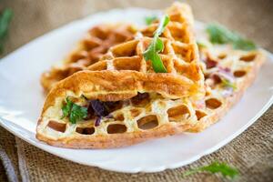 Egg omelette stuffed with onions and herbs, fried in the form of waffles photo