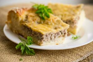 cocido carne tarta, piezas en un plato foto