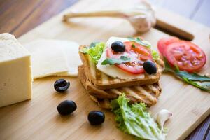 fried toasts with mozzarella, lettuce and tomatoes with herbs photo