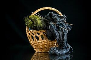 Colored threads, knitting needles and other items for hand knitting photo