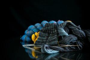 Colored threads, knitting needles and other items for hand knitting photo