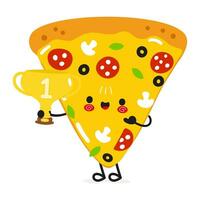 Cute funny Pizza hold gold trophy cup. Vector hand drawn cartoon kawaii character illustration icon. Isolated on white background. Pizza with winner trophy cup