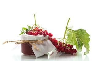 viburnum jam in a glass jar and fresh red viburnum. photo