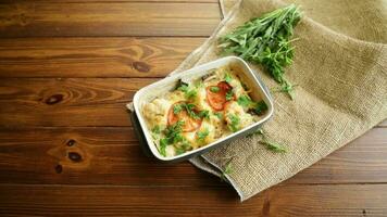 cauliflower baked with chicken fillet and mushrooms under cheese in a ceramic form, on a wooden table. video