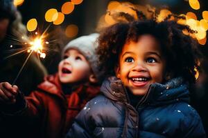 Children's Winter Celebration - Sparklers and Smiles - Generative AI photo