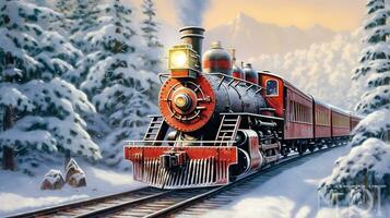 Scenic Polar Express Train Adventure in Winter - Generative AI photo